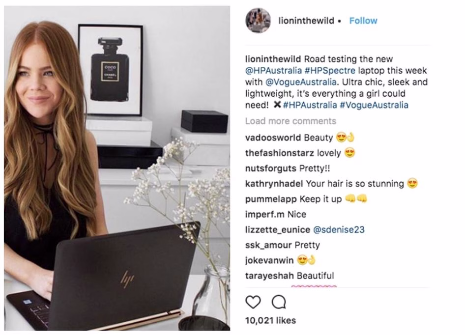 [Visual] Instagram post showing a woman testing a new laptop