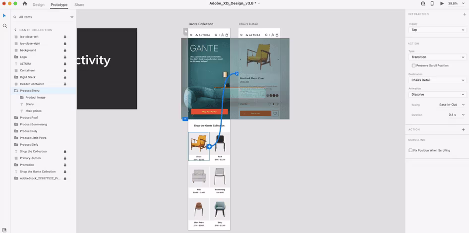 [Visual] Example of an interactive prototype in Adobe XD