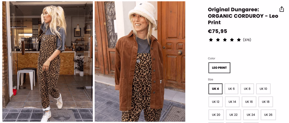 [visual]Clothing brand Lucy and Yak incorporates social proof on every product page in the form of an aggregated rating calculated from a clear number of customer reviews