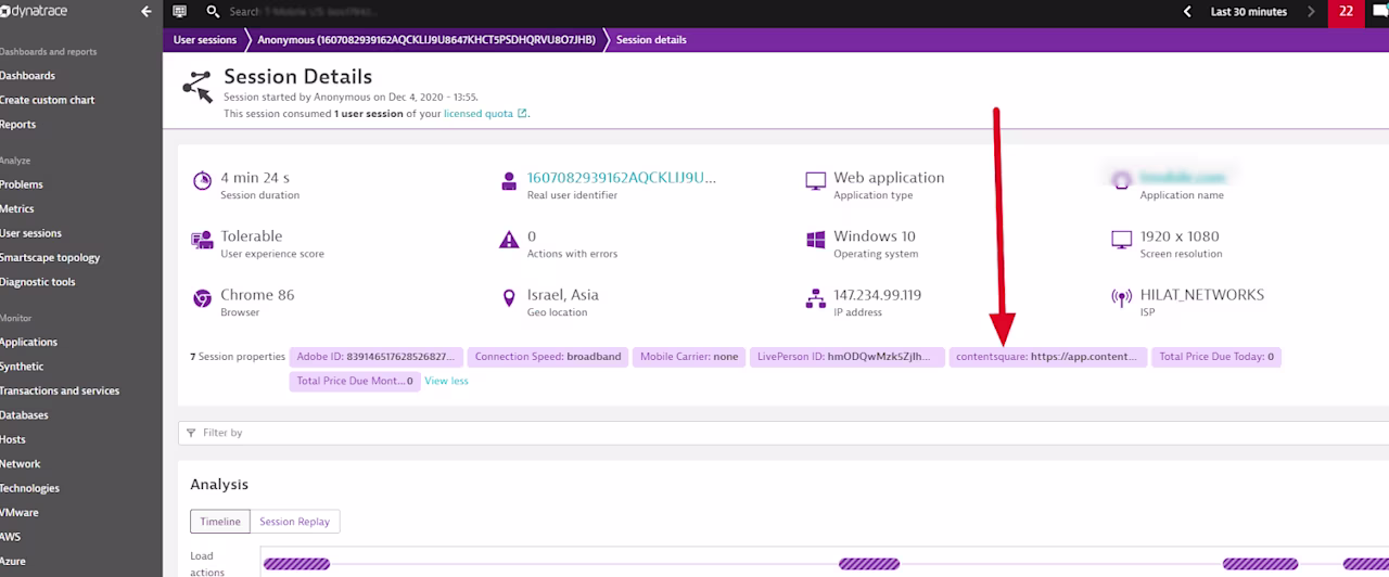 [visual] A Contentsquare session replay link in Dynatrace