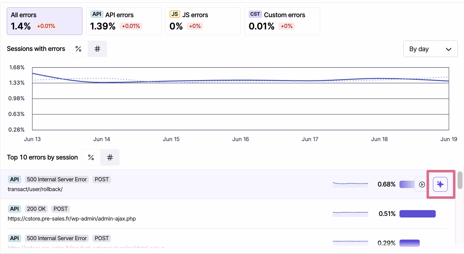 [Product screenshot] Error Analysis - Error Summary - Sparkle button in list