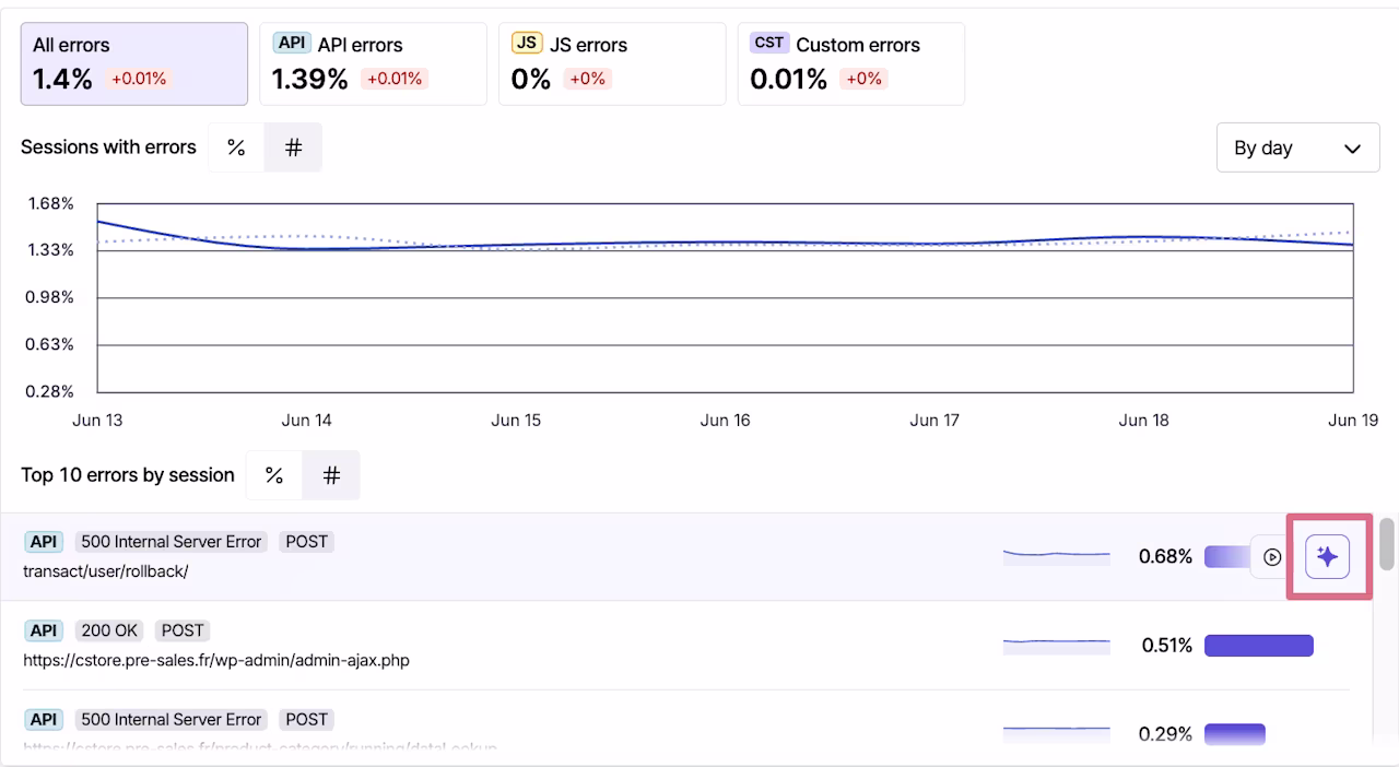 [Product screenshot] Error Analysis - Error Summary - Sparkle button in list