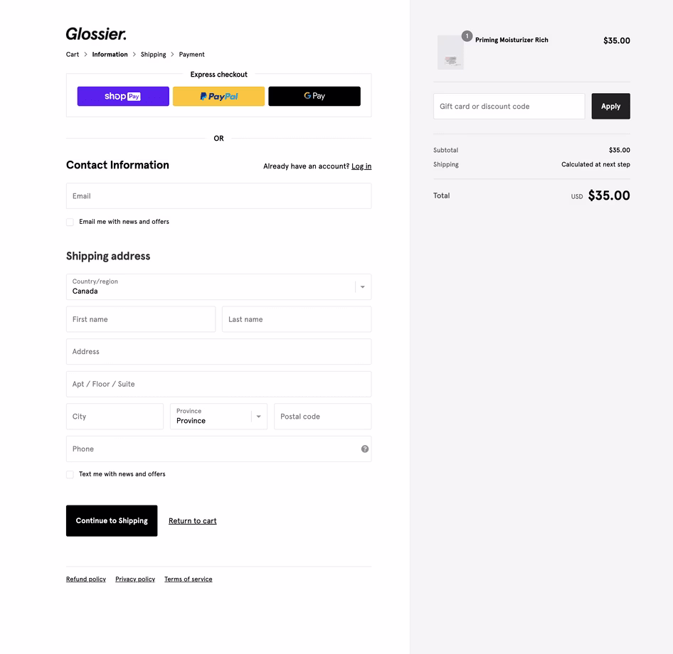 [Visual] Glossier’s multi-page checkout with express payment options