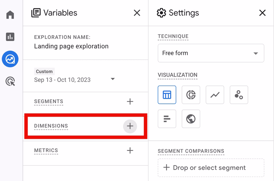 [visual] Type your preferred dimension (‘Landing page + query string’ in this case) in the search box or go to ‘Page / screen → Landing page + query string’ in the drop-down menu. Choose and import the correct dimension.