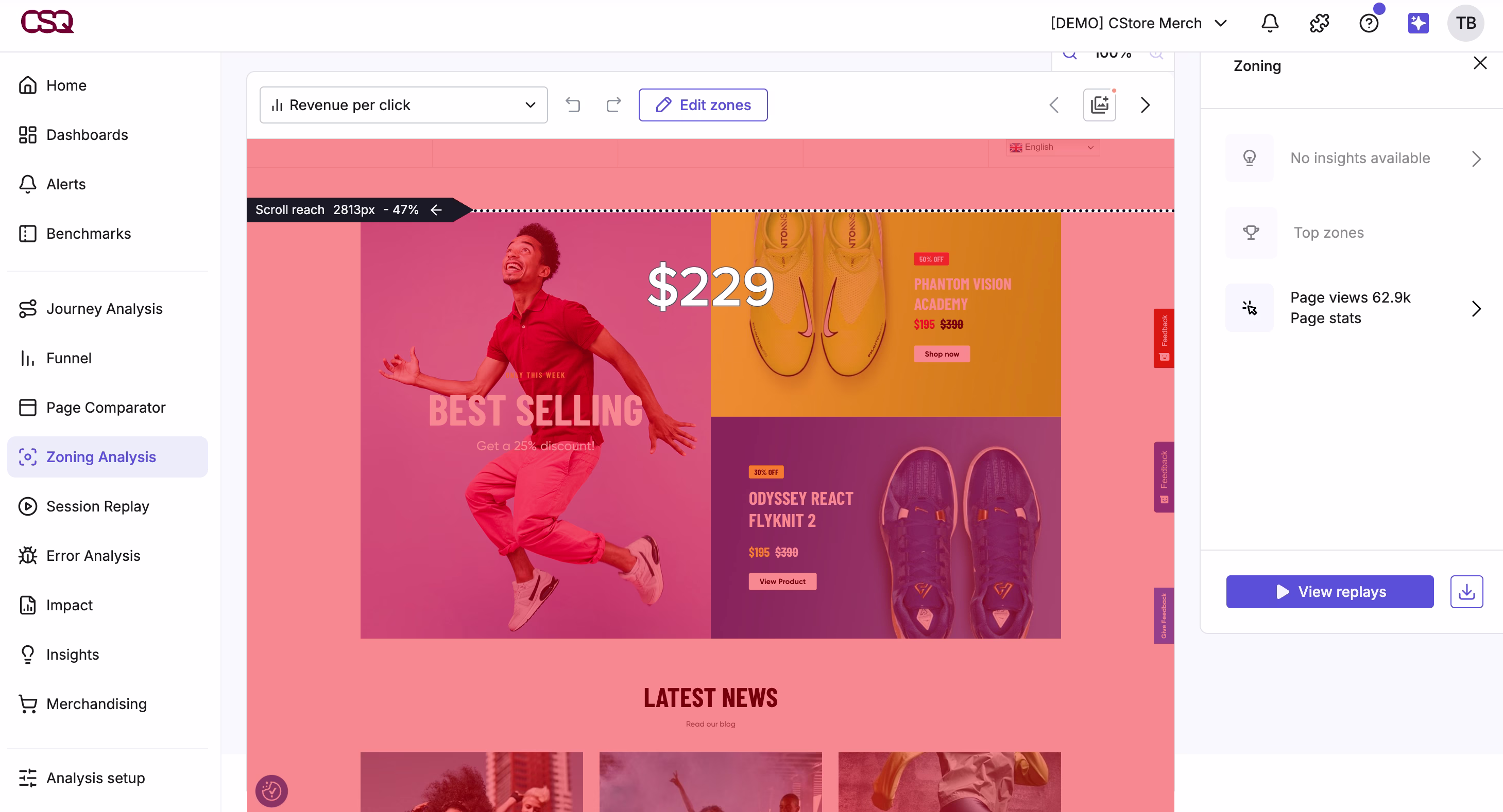 [Product screenshot] Zoning Analysis : Zone-based heatmap – revenue per click retail –CSQ platform