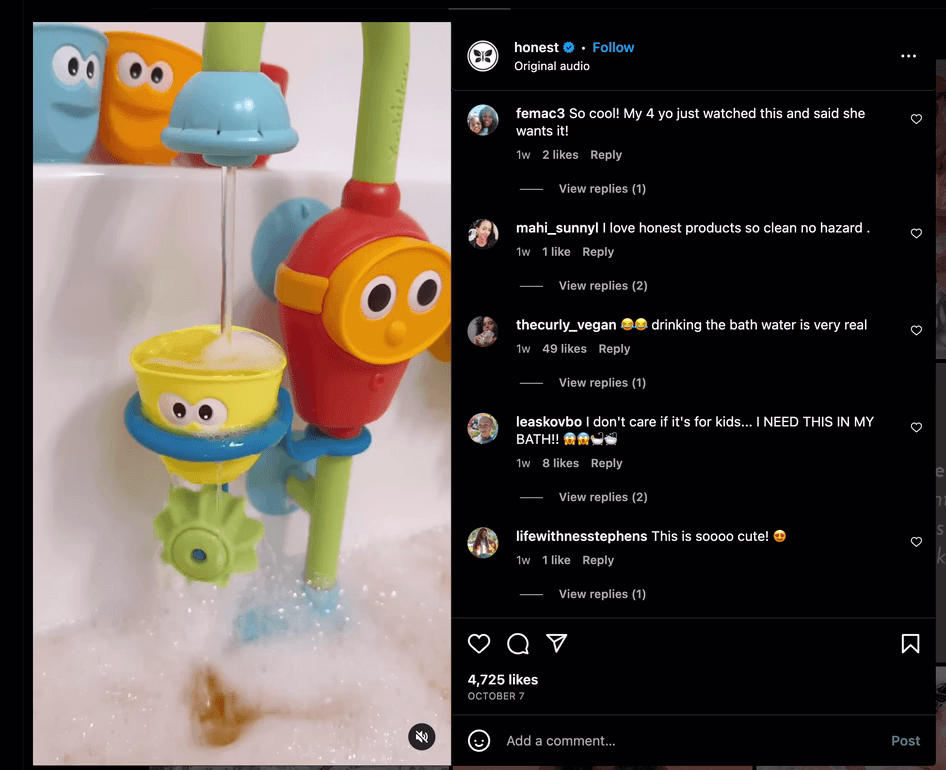 [visual] The Honest Company creates Instagram content that resonates with its target audience. With over 1 million followers, its posts get hundreds or thousands of likes.