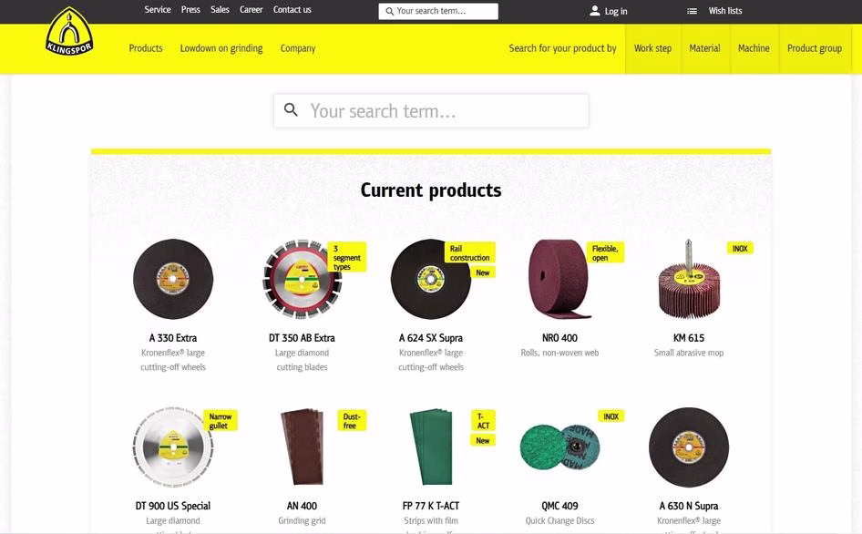 [Screenshot] Klingspor homepage with double navigation menus and searchable products