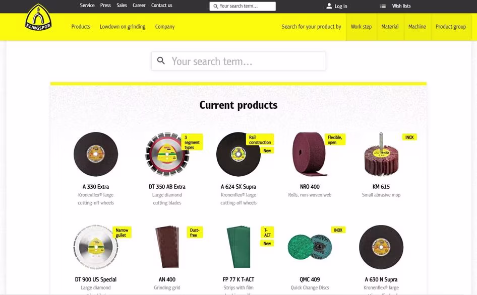 [Screenshot] Klingspor homepage with double navigation menus and searchable products
