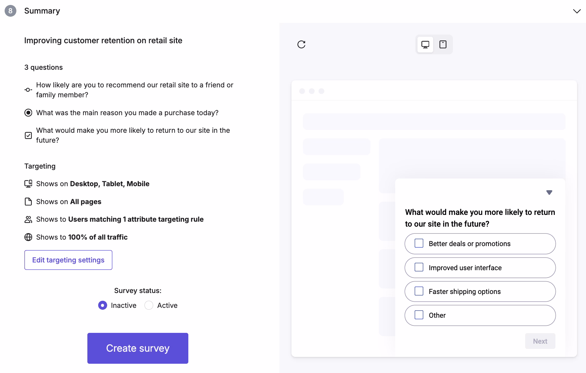 [Product screenshot] NPS survey creation for retail