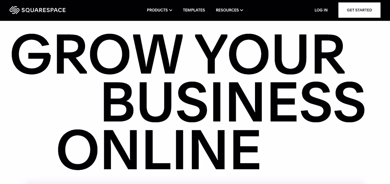 Screenshot of Squarespace webpage showing oversized type