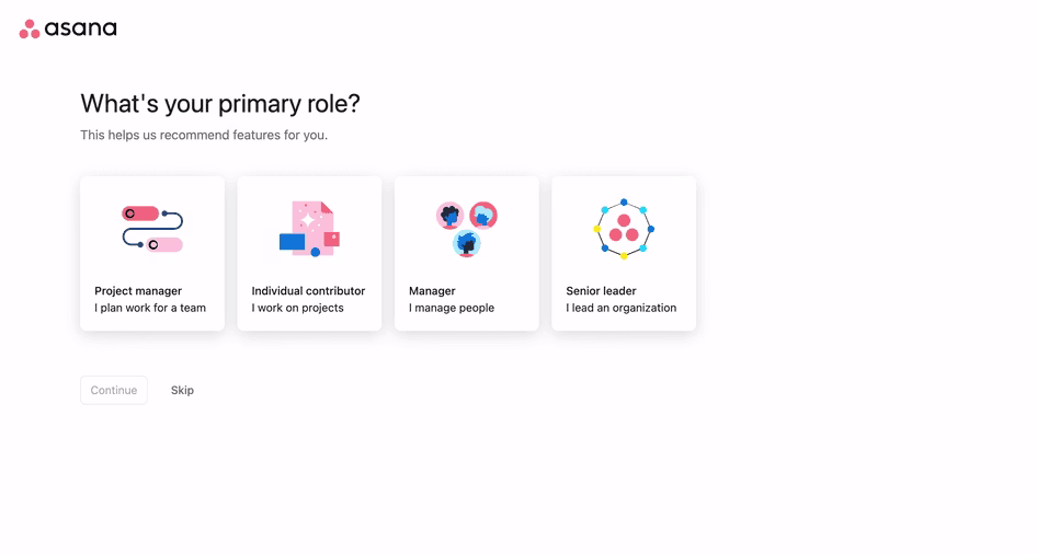 [visual] Asana asks customers a series of questions, including one about their role, to segment them into groups