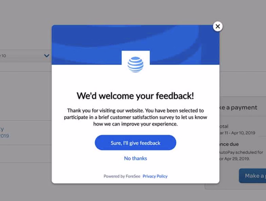 [Screenshot] AT&T popup-survey