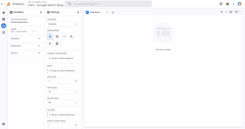 [visual] A blank free-form exploration in Google Analytics