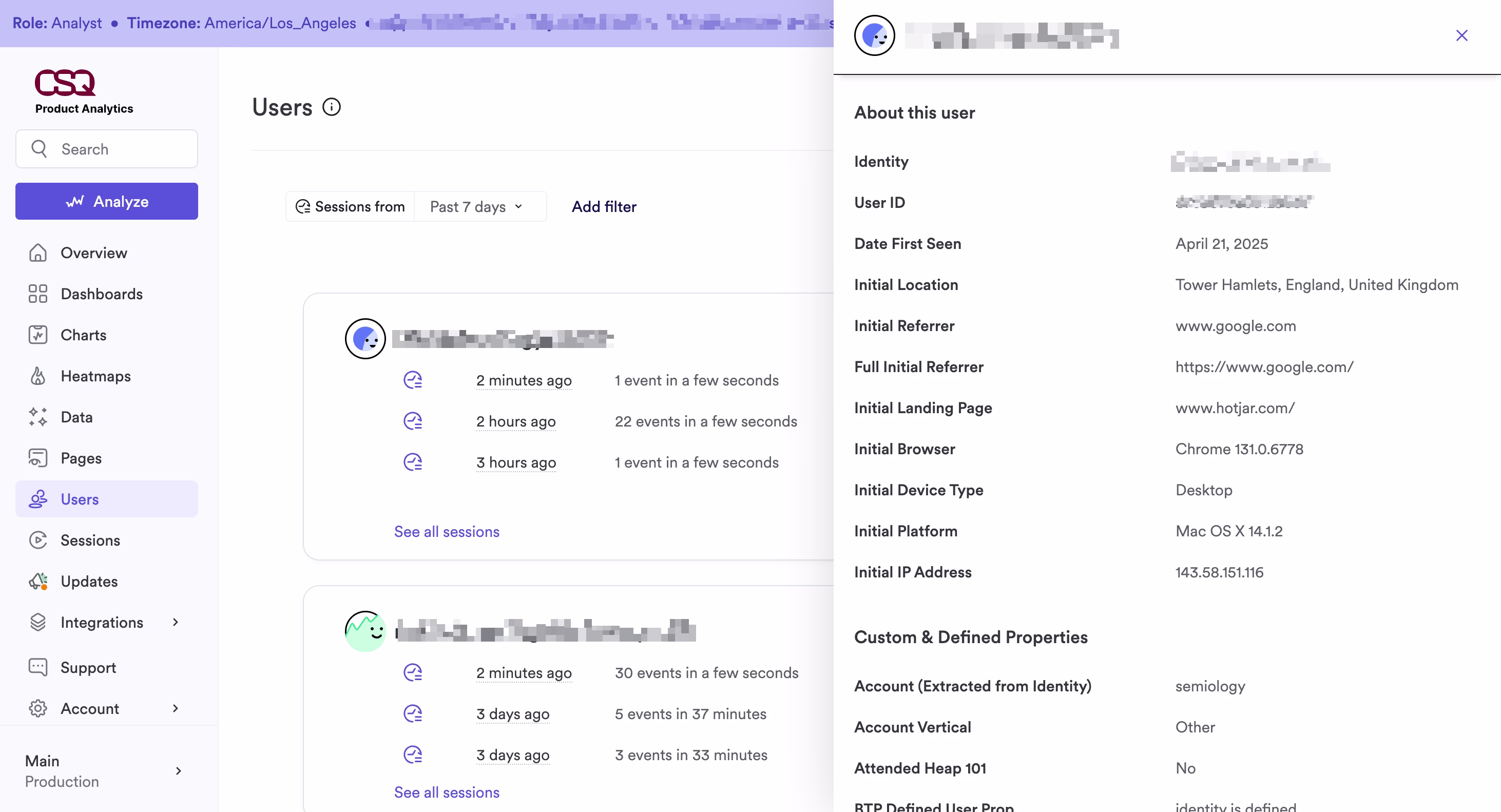 [Product screenshot] Product Analytics (PA) – Heap – Users module