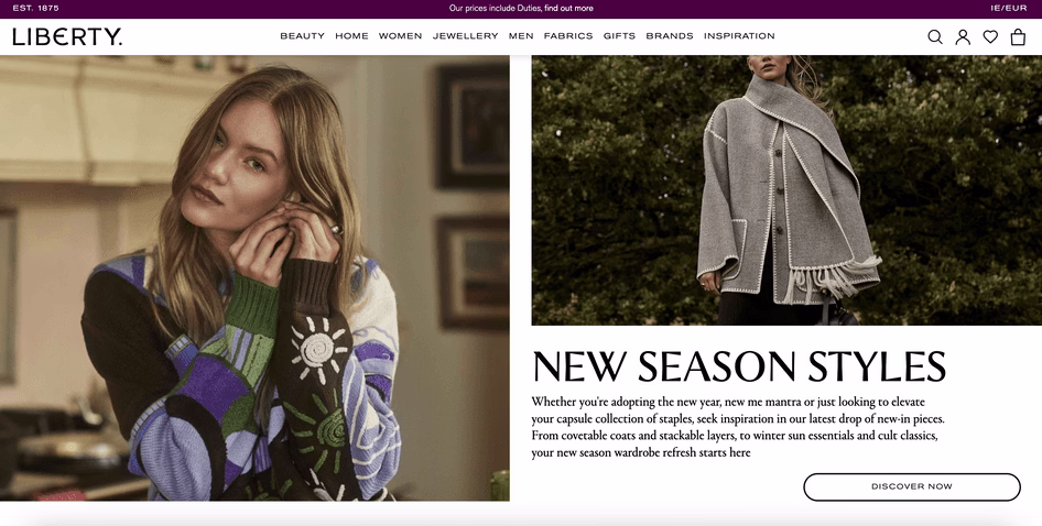 [visual]British luxury department store Liberty uses a banner to reassure people that duties are already included in the price, which is especially important to note post-Brexit