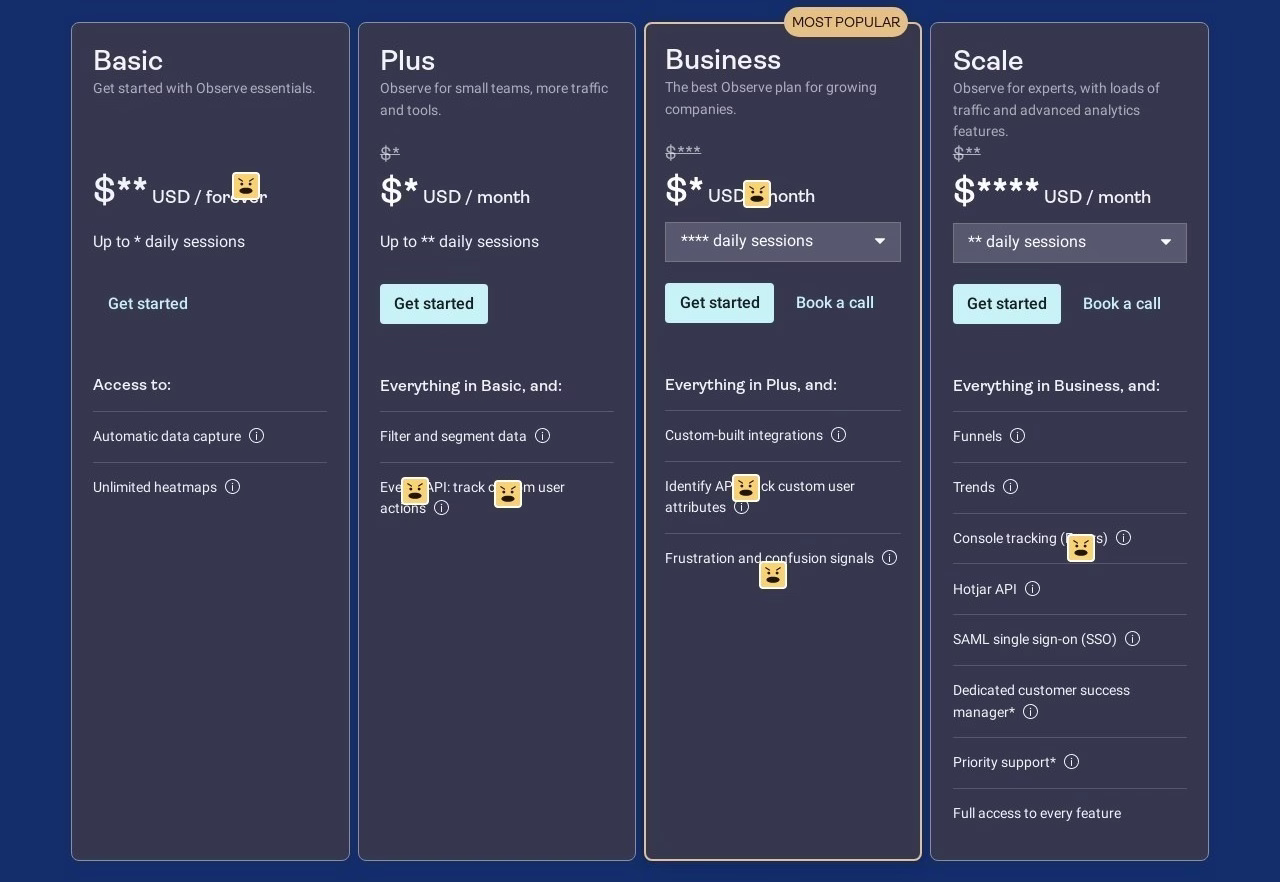 Rage click map - pricing - table