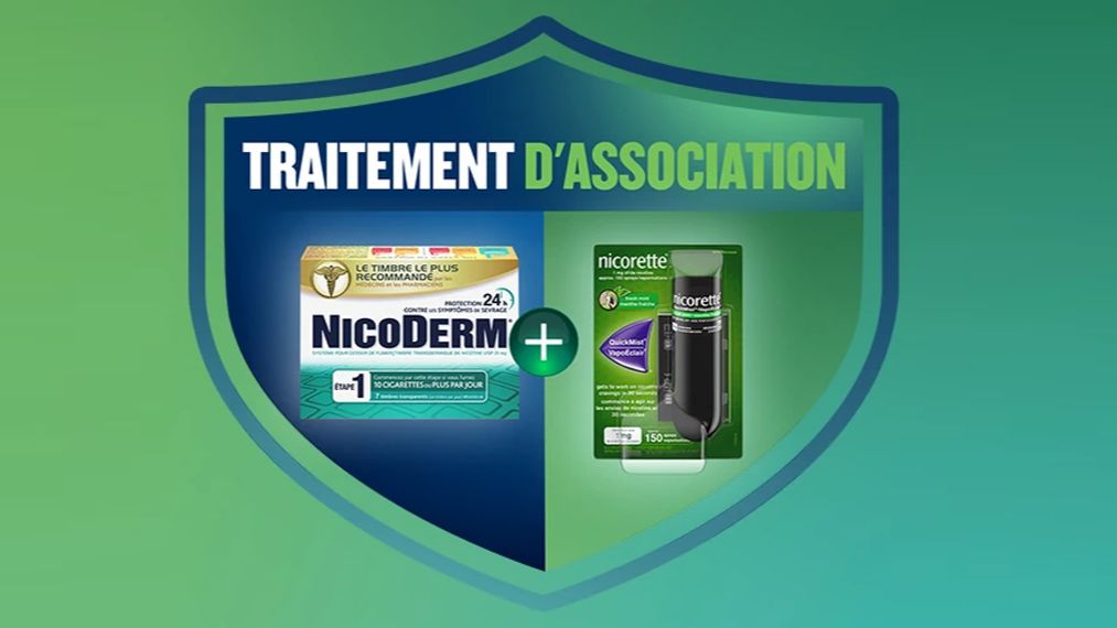Traitement d'association pour arrêter de fumer avec le timbre NICODERM et le vaporisateur NICORETTE VapoÉclair.