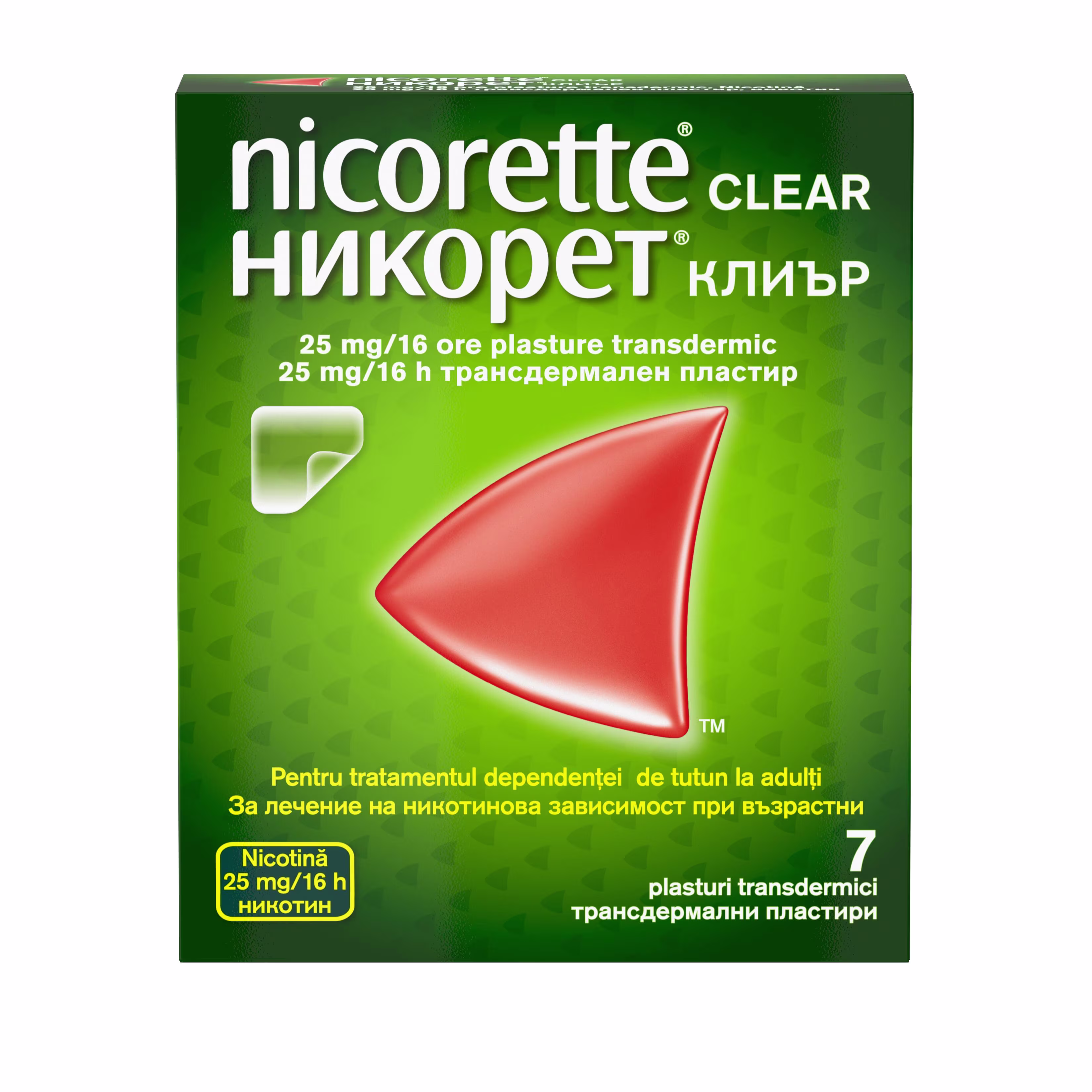 pachet frontal NICORETTE® Clear 25 mg/16h plasture transdermic
