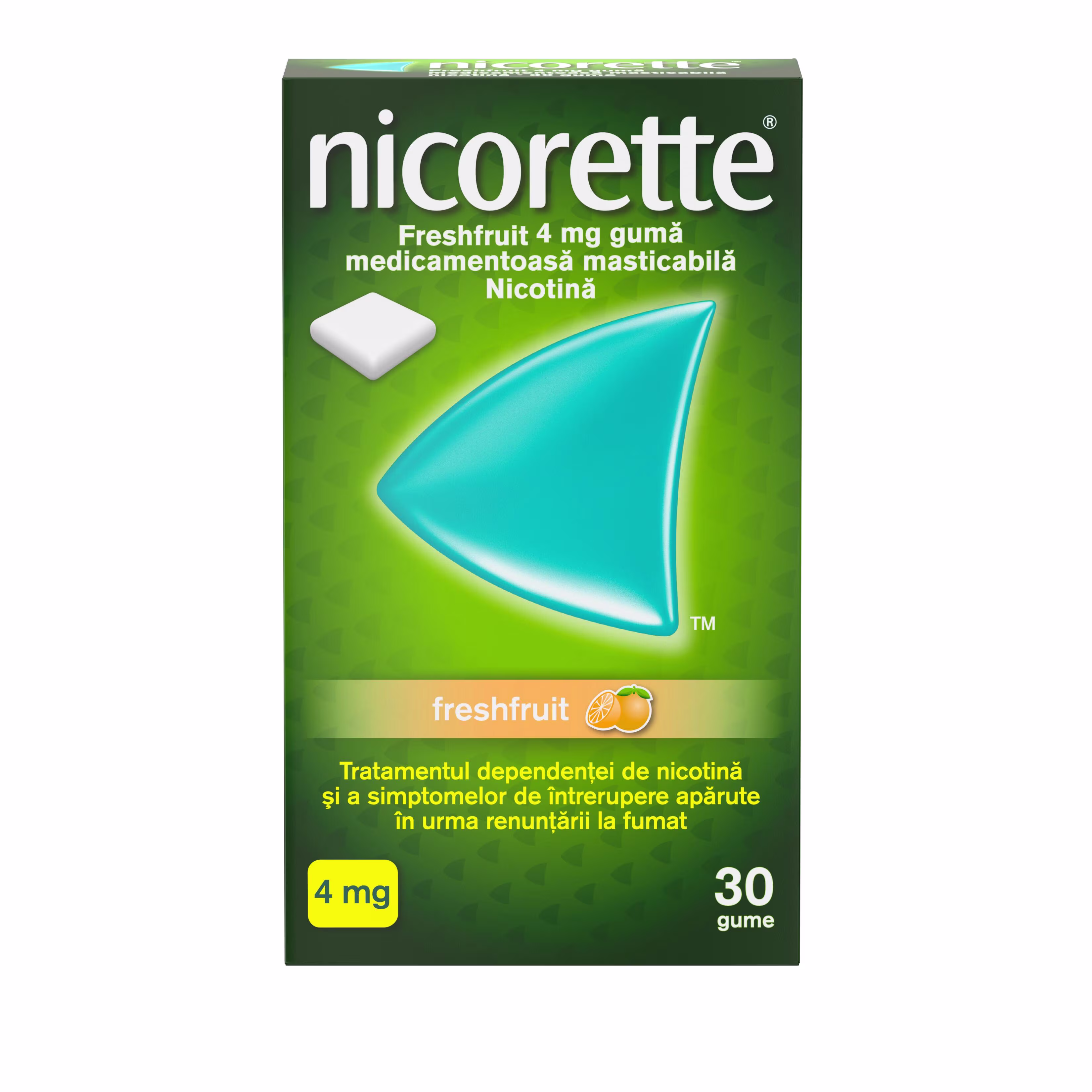 NIC EMEA RO 3574661627076 39926 534208 Gum Freshfruit 4MG 30ct 000 TIF pachet frontal NICORETTE® Freshfruit 4 mg gumă medicamentoasă masticabilă