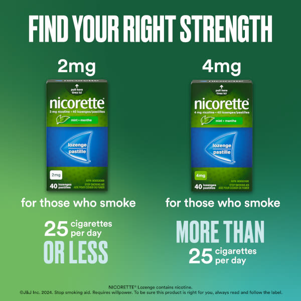 Pastille de Nicotine NICORETTE®, Menthe en 2mg et 4mg avec une déclaration "Trouvez la bonne teneur"