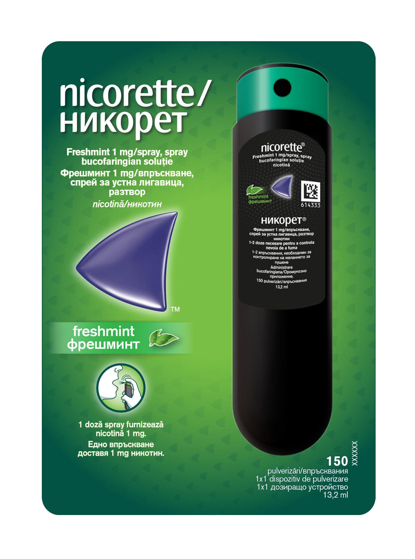 pachet frontal NICORETTE® Freshmint 1 mg/spray bucofaringian, soluţie