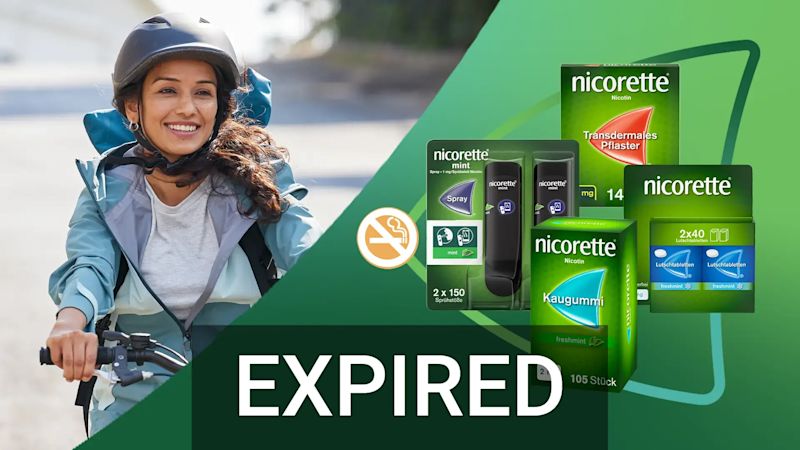 Frau auf dem Fahrrad dazu in der Mitte ein Nicht-Raucher Symbol und die verschiedenen Nicorette Produkte