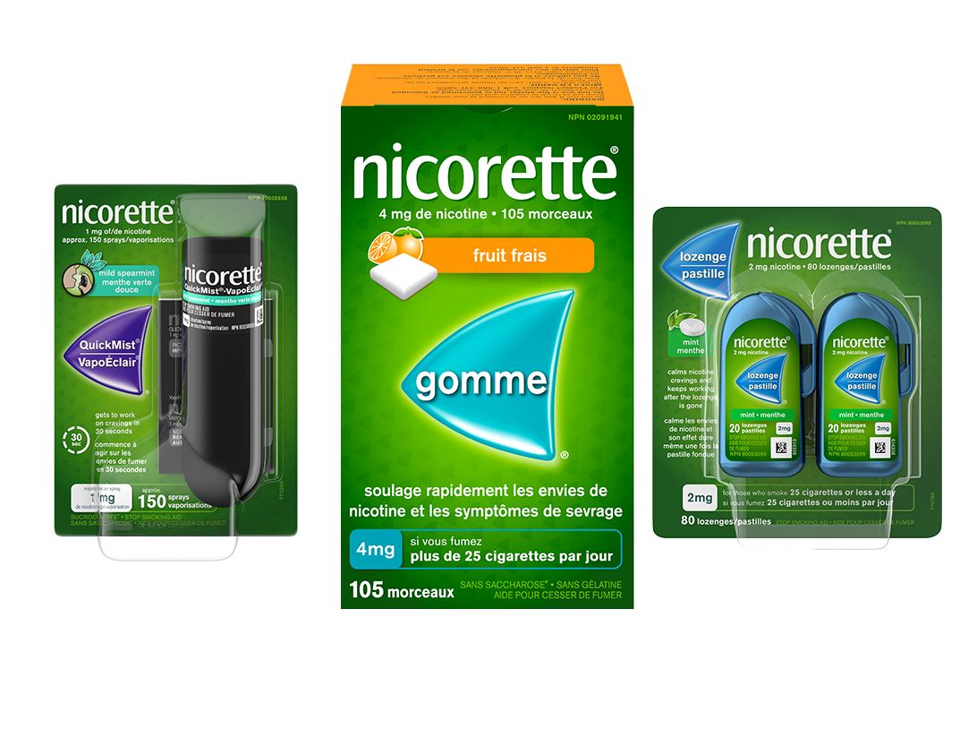 Vaporisateur à la nicotine NICORETTE® VapoÉclair®, Gomme pour cesser de fumer NICORETTE®, et Pastille NICORETTE® pour cesser de fumer