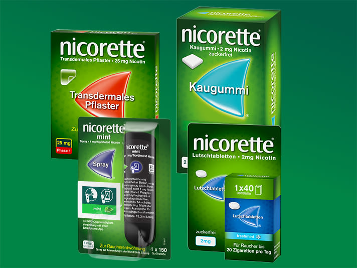 Packshots von den vier nicorette® Produkten: NICORETTE® TX PFLASTER, NICORETTE® Kaugummi, NICORETTE® Lutschtabletten und NICORETTE® Sprays