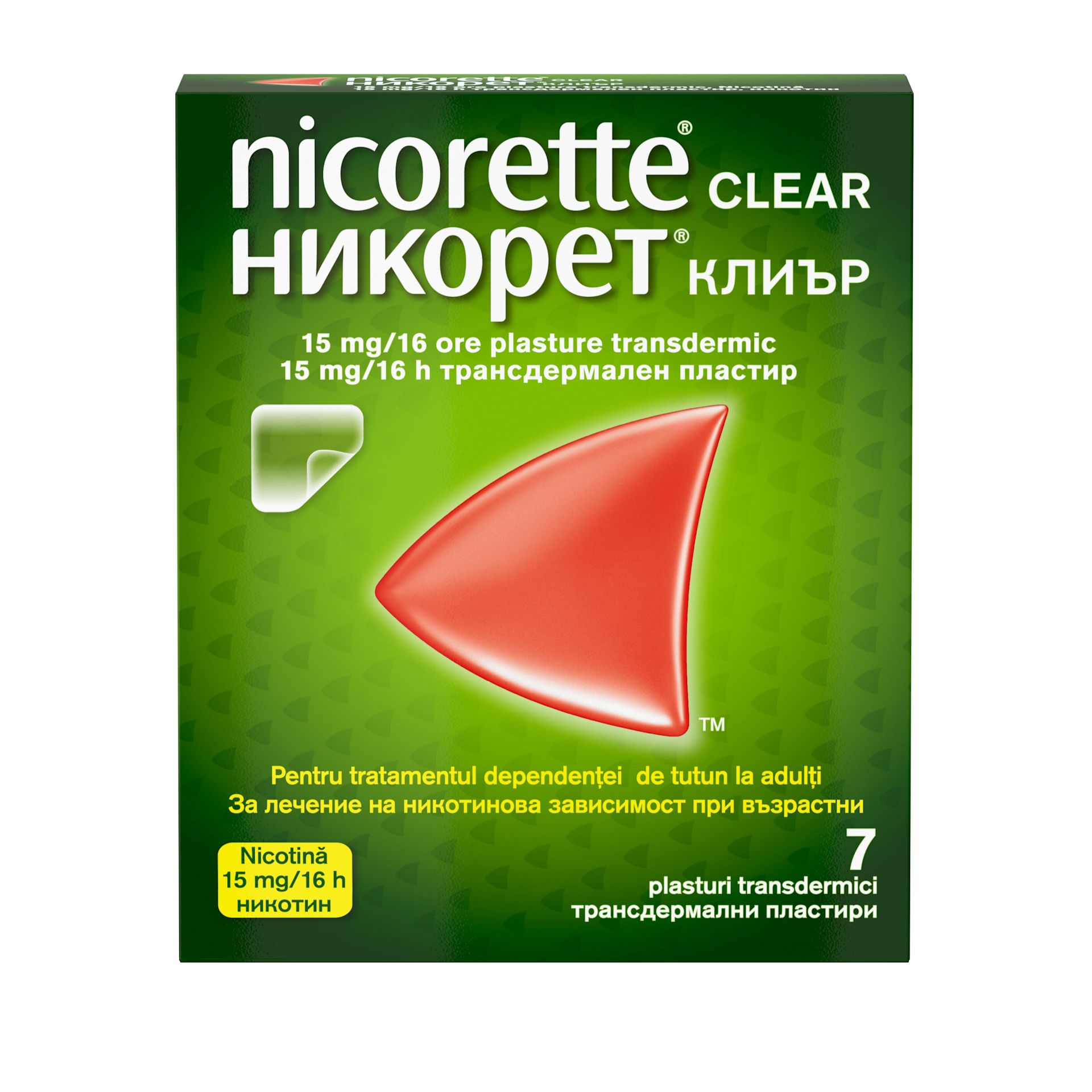 pachet frontal NICORETTE® Clear 15 mg/16h plasture transdermic