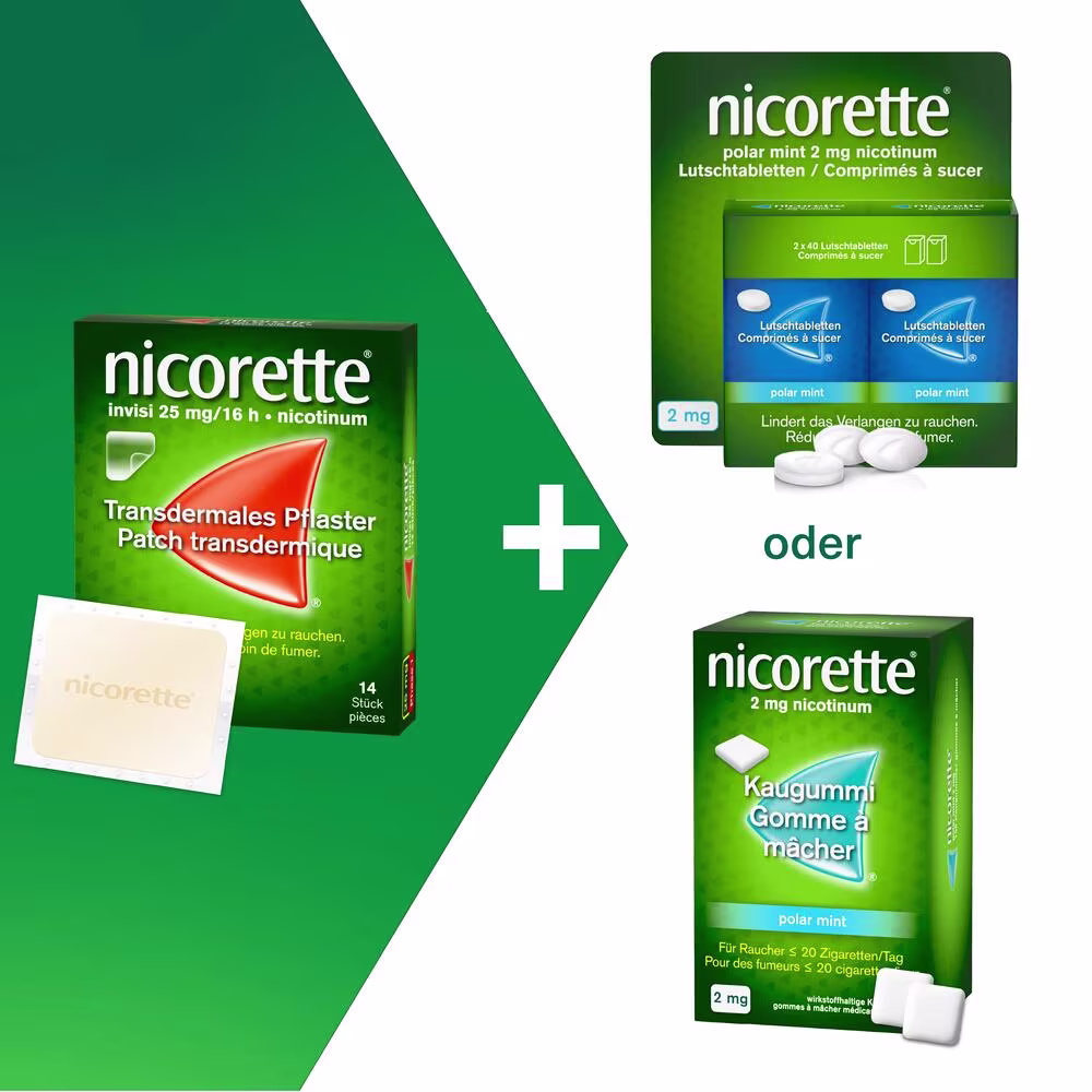 Nicorette Kombitherapie enthält Nicorette Invisi Depotflaster + Nicorette Lutschtablette oder Nicorette Kaugummi. Gegen starkes oder unkontrollierbares Rauchverlangen