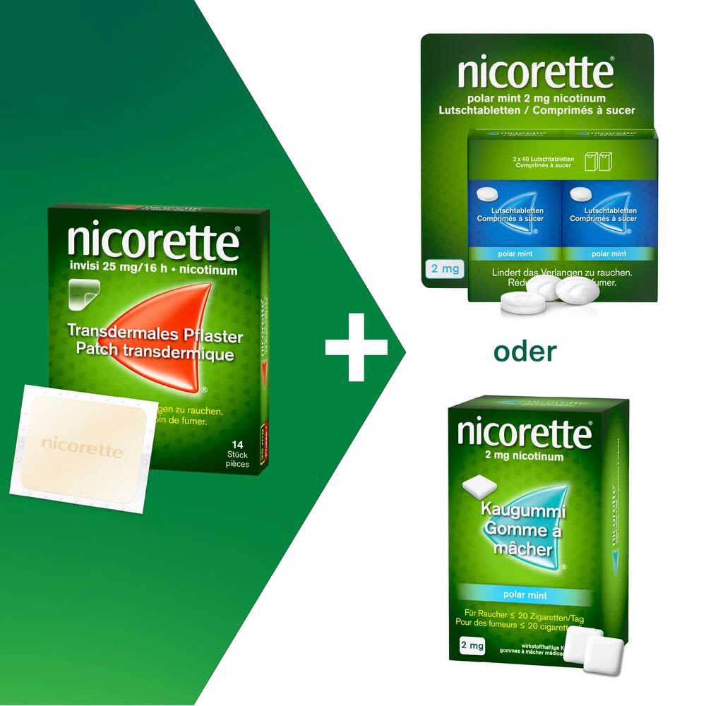 Nicorette Kombitherapie enthält Nicorette Invisi Depotflaster + Nicorette Lutschtablette oder Nicorette Kaugummi. Gegen starkes oder unkontrollierbares Rauchverlangen