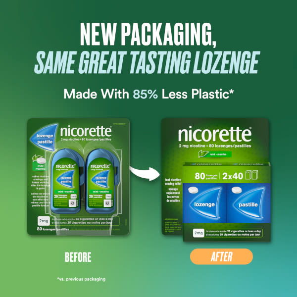 Pastille de nicotine Nicorette® : Nouvel emballage fabriqué avec 85 % moins de plastique