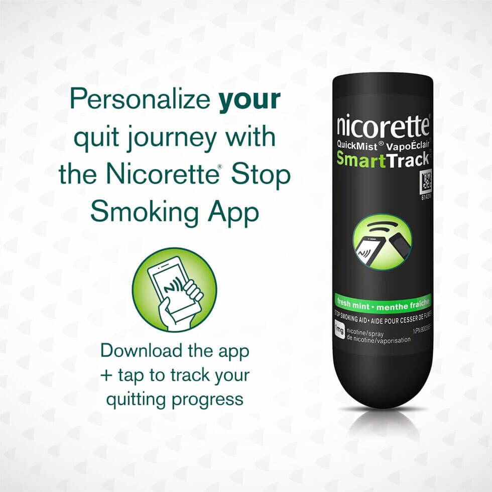 Vaporisateur buccal à la nicotine Nicorette VapoÉclair avec instructions pour télécharger l’appli SmartTrack sur le téléphone