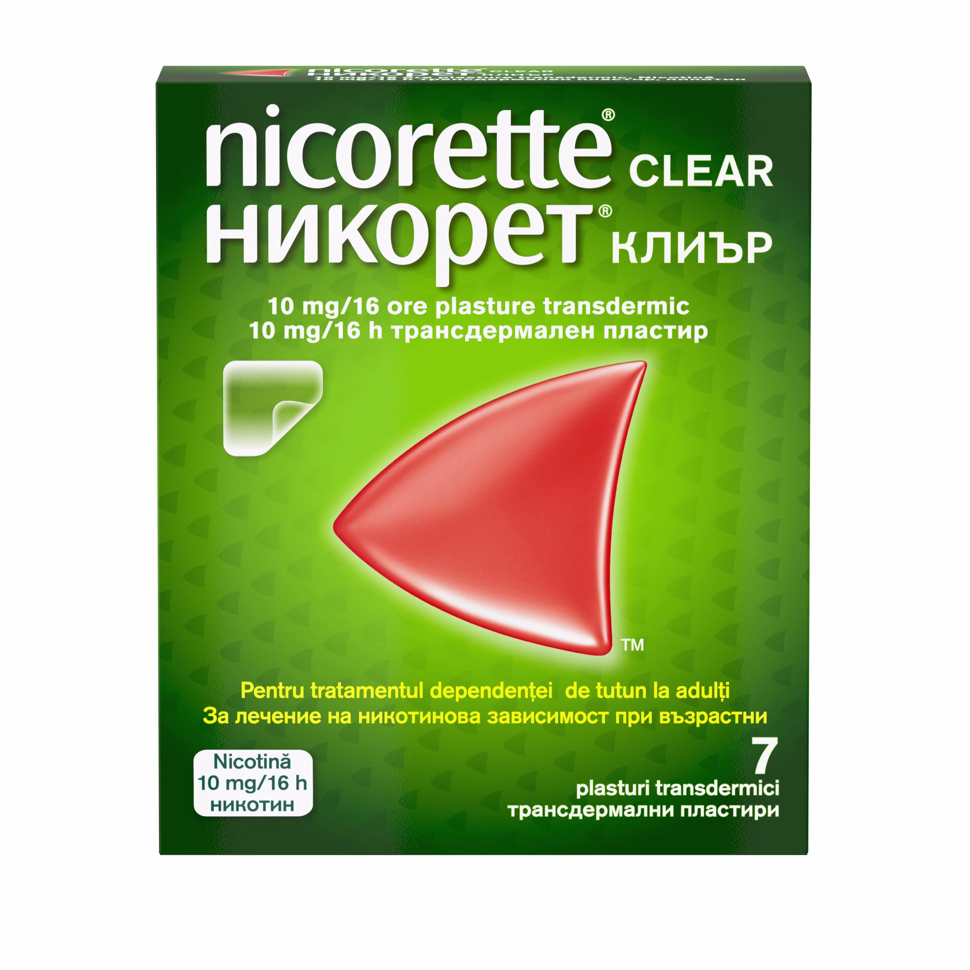 pachet frontal NICORETTE® Clear 10 mg/16h plasture transdermic