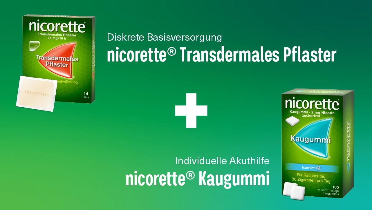 NICORETTE Kombi-Therapie - NICORETTE Kaugummi und NICORETTE Pflaster - Vor allem für Raucher, die starke Unterstützung benötigen oder bereits erfolglose Versuche hinter sich haben. 