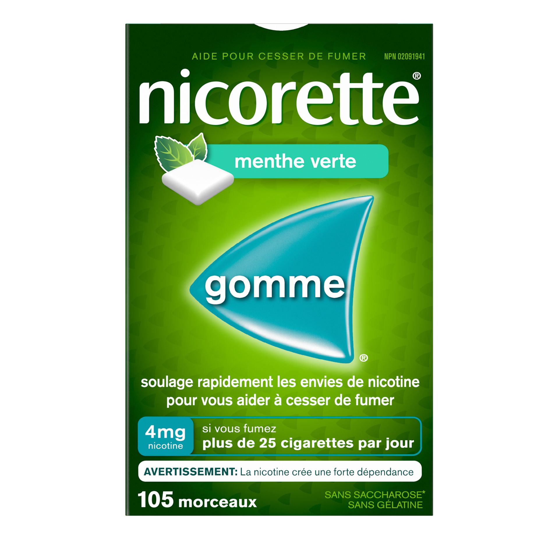 Gomme pour cesser de fumer Nicorette®, menthe verte, 4 mg, 105 morceaux