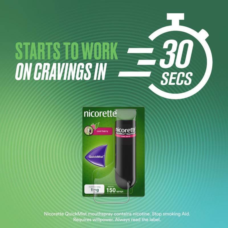 NICORETTE® QuickMist® Nicotine Spray Start to Work on Cravings in 30 Seconds NICORETTE® QuickMist® Nicotine Spray Start to Work on Cravings in 30 Seconds