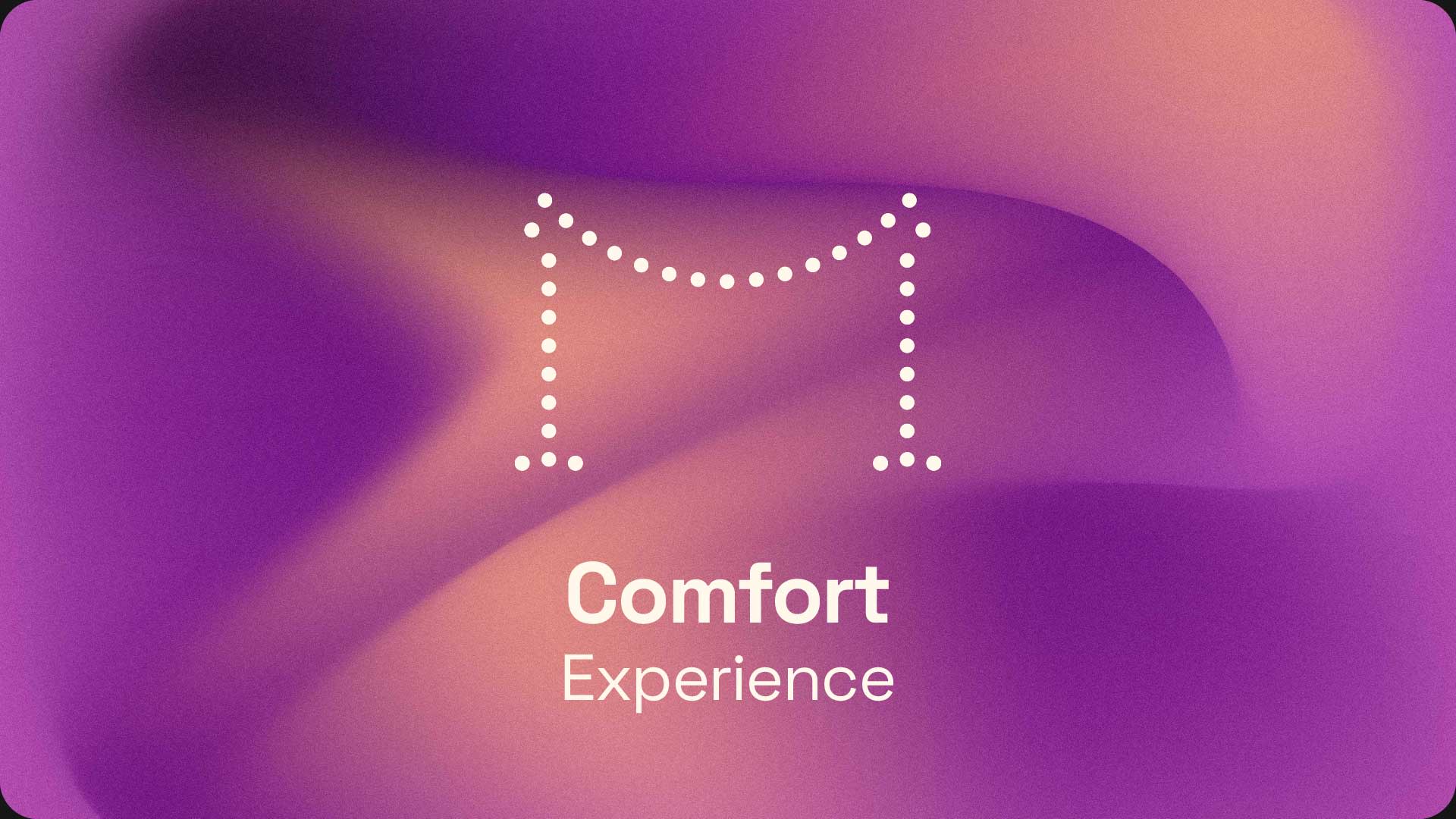 Arrière‑plan en dégradé violet et rose avec un cordon de velours stylisé en points blancs, comme dans une zone événementielle exclusive. En dessous figure le texte « Comfort Experience ».