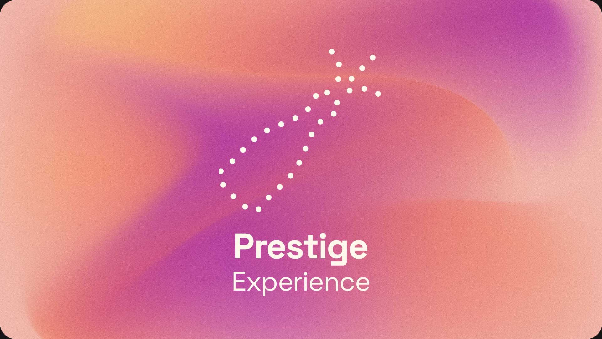 Arrière‑plan abstrait en dégradé violet et rose avec des points blancs formant une bouteille de champagne en train d’être débouchée. Le texte « Prestige Experience » apparaît en dessous.