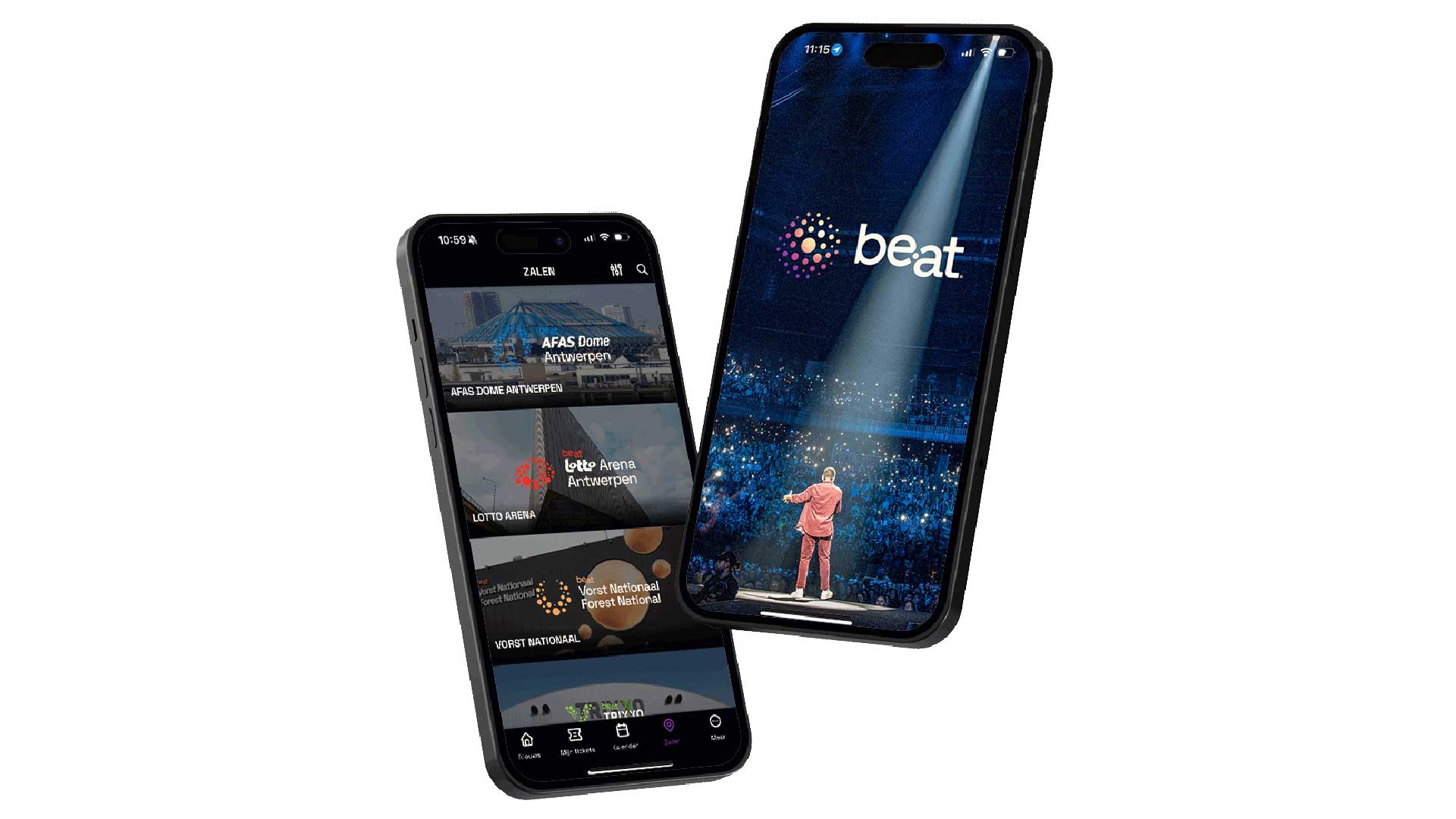 Twee smartphones met daarop de be•at app. De linkse telefoon toont de kalenderpagina met verschillende zalen en evenementen, de rechtse telefoon toont een foto van een concert in het Sportpaleis met een artiest op het podium.