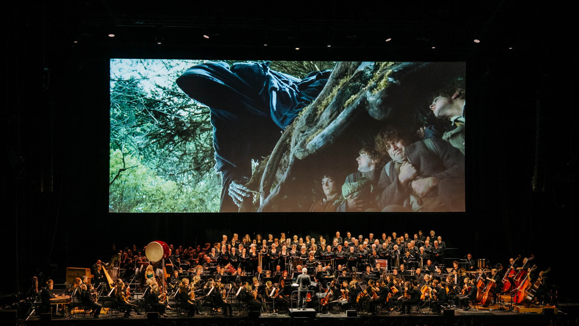 Orkest en koor spelen live onder een filmscherm met een scène uit The Lord of the Rings: The Fellowship of the Ring