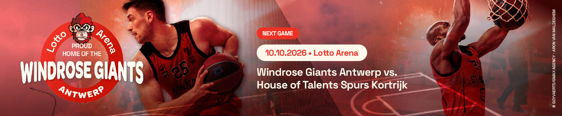 Banner met de tekst Lotto Arena Proud Home of the Windrose Giants Antwerp. 
