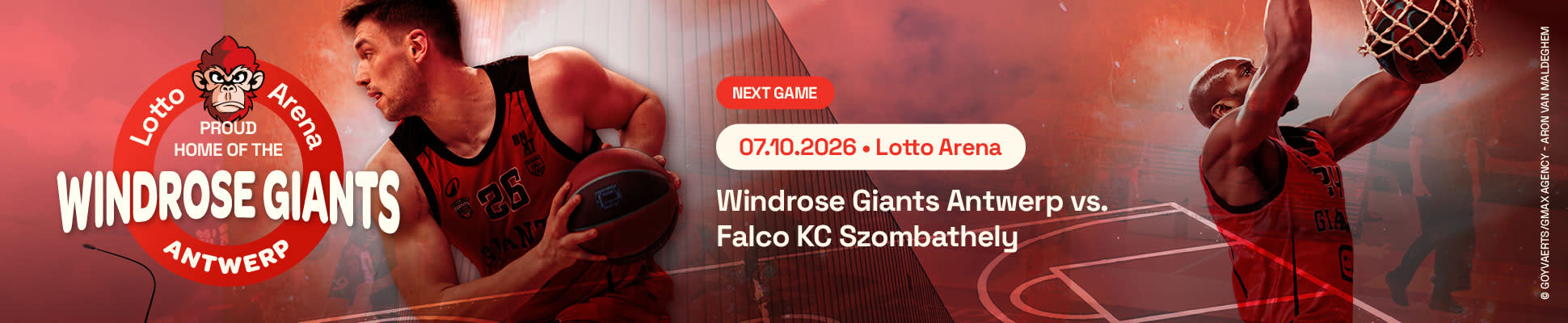Banner met de tekst Lotto Arena Proud Home of the Windrose Giants Antwerp. 