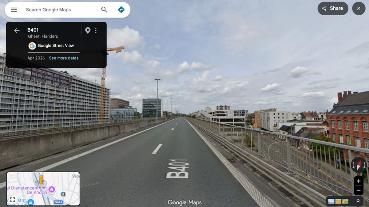 Beeld van de fly-over die de snelweg verbindt met het Gentse stadscentrum.