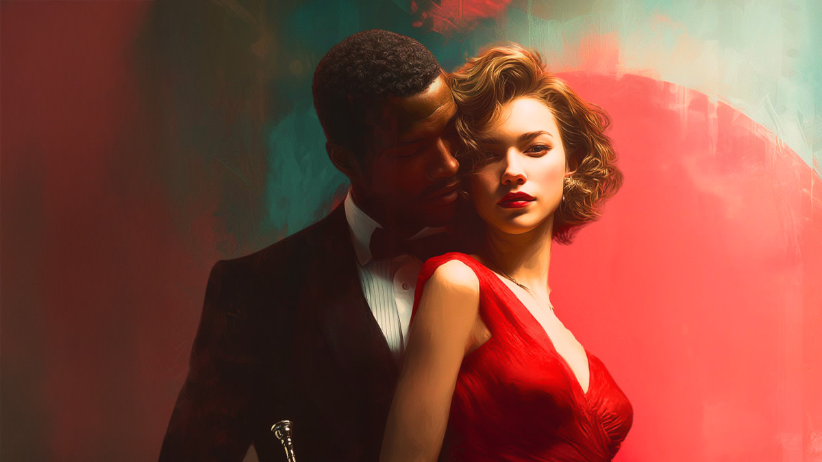 Sfeervolle, artistieke illustratie van een elegant koppel in avondkledij tegen een warmrode achtergrond, waarbij de man een trompet vasthoudt. Het beeld roept de romantische sfeer op van jazz en klassieke muziek.