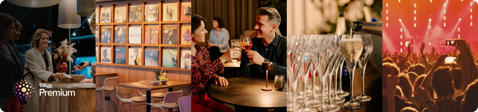 be•at Premium logo next to a collage of five images: reception desk, record collection, guests toasting, champagne glasses, and a concert crowd