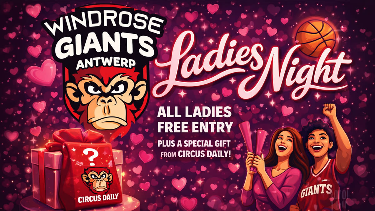 Deze afbeelding - met AI gemaakt - toont de mascotte van de Antwerp Giants tegen een muur van rode hartjes.