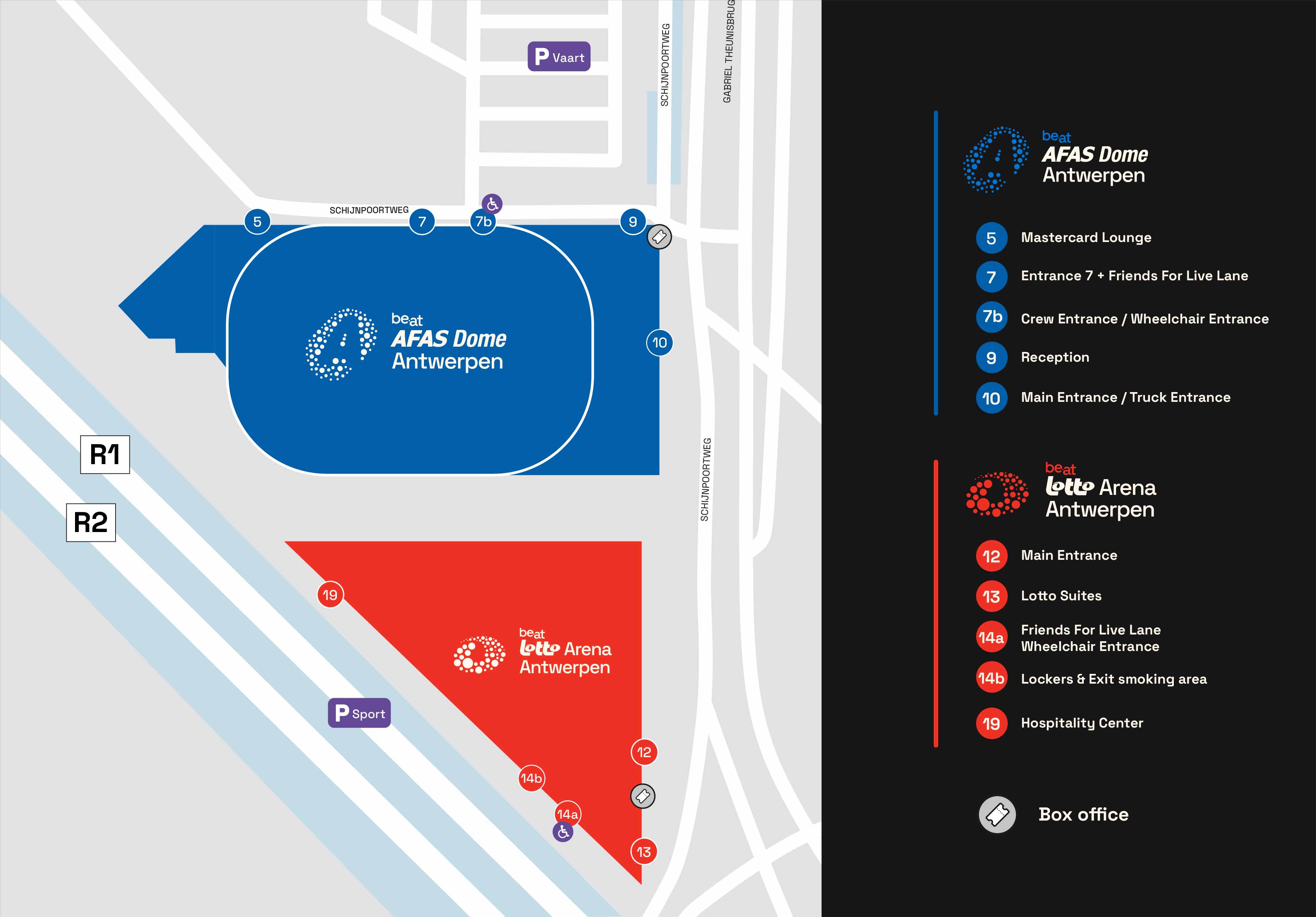 Un plan indique l’AFAS Dome Anvers en bleu et le Lotto Arena Anvers en rouge. Différentes entrées numérotées et installations y sont signalées.