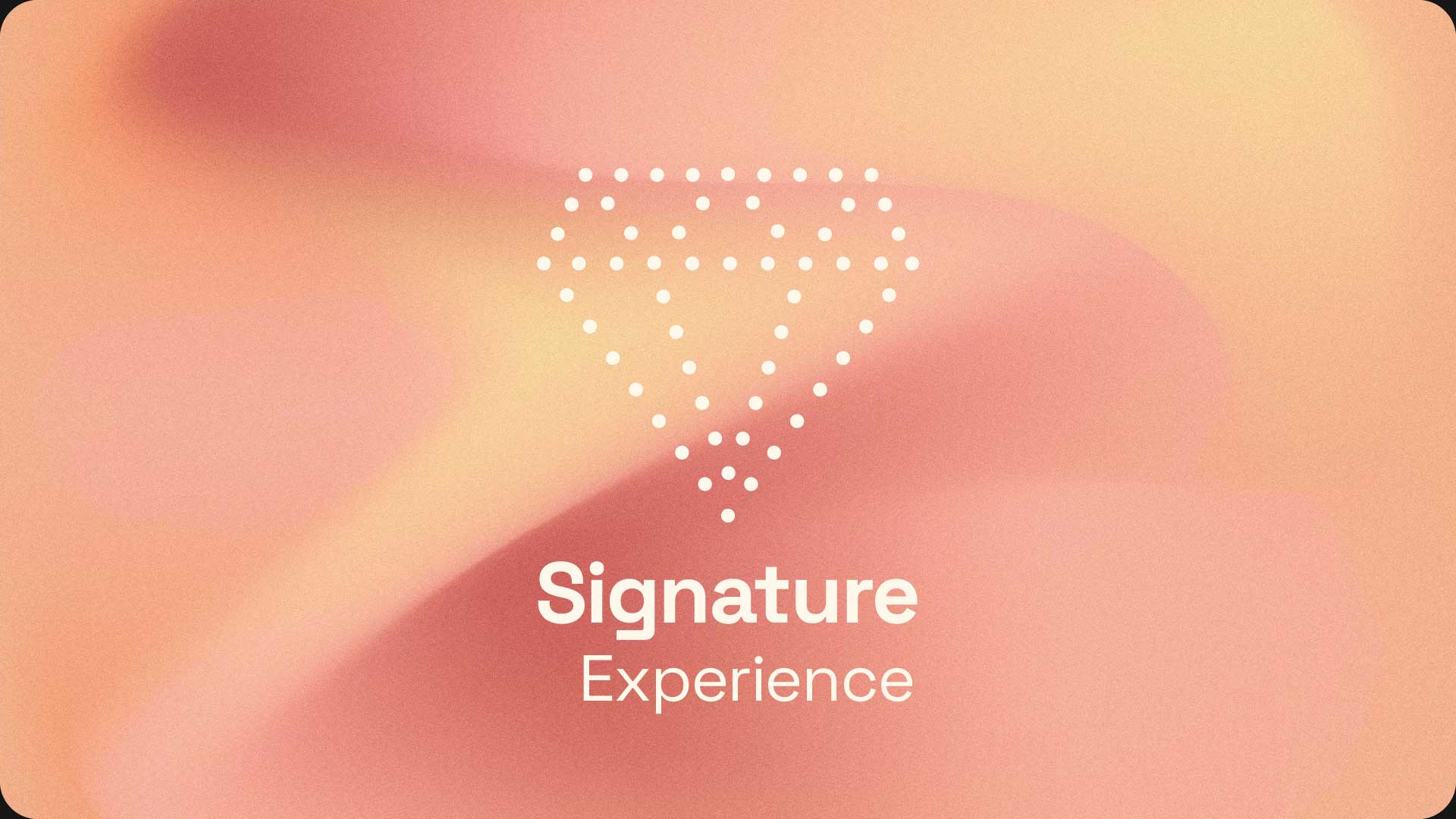 Arrière‑plan abstrait en dégradé violet et rose avec des points blancs formant un diamant stylisé. En dessous figure le texte « Signature Experience ».