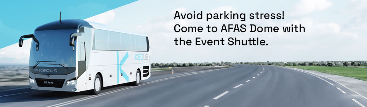 A large coach from Keolis. Next to it is a text that reads: "Avoid parking stress! Come to AFAS Dome with the Event Shuttle."